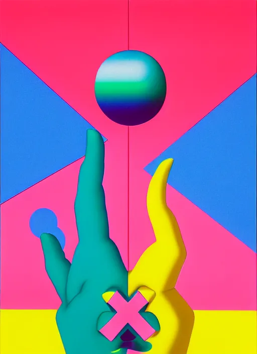 Image similar to a men balancing shapes on his finger by shusei nagaoka, kaws, david rudnick, airbrush on canvas, pastell colours, cell shaded!!!, 8 k