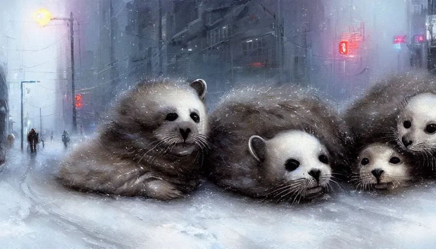 Image similar to highly detailed painting of cute furry white baby seals cuddled up in a cardboard box in a snowy dystopian cyberpunk street by william turner, by greg rutkowski, by artgerm, thick brush strokes and visible paint layers, 4 k resolution, retrowave colour scheme