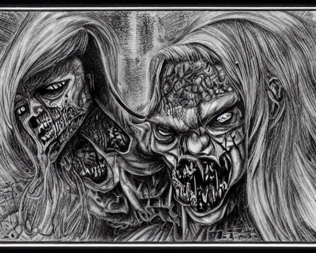 Image similar to Justin Bartlett pen drawing of a horrifying zombie, heavy metal