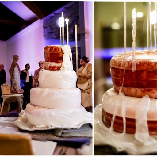 Image similar to a wedding cake made entirely out of sausages with ketchup sauce. During wedding. Highly detailed 8k