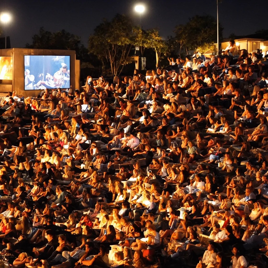 Image similar to outdoor cinema screen with moviegoers, giant popcorn bucket, at night symmetrical rule of thirds