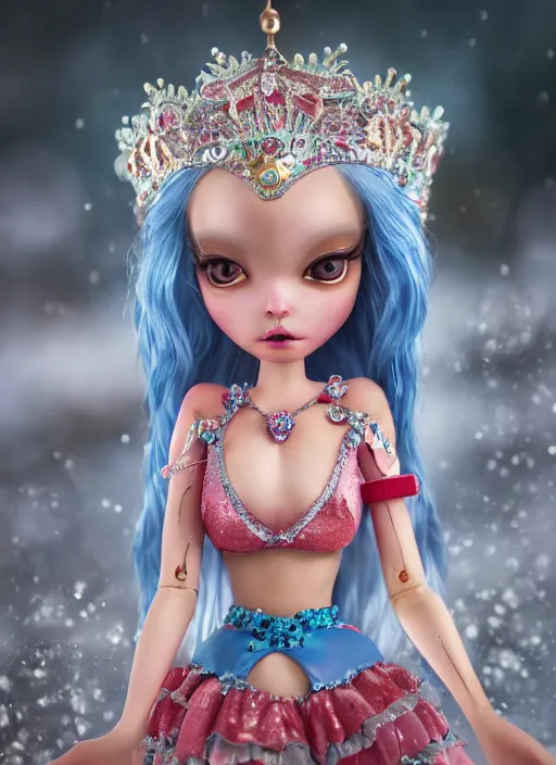 Image similar to closeup profile portrait of tin toy fairytale princess ice snow bikini girl, depth of field, zeiss lens, detailed, symmetrical, centered, fashion photoshoot, by nicoletta ceccoli, mark ryden, lostfish, breathtaking, 8 k resolution, extremely detailed, beautiful, establishing shot, artistic, hyperrealistic, octane render