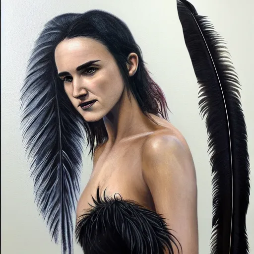 Image similar to detailed realistic oil painting youthful young jennifer connelly with black feathers instead of hair, dark fae, black lips, gray mottled skin, feathers growing out of skin, feathers growing from arms, black hands with long black claws, pale and sickly, profile view, gothic