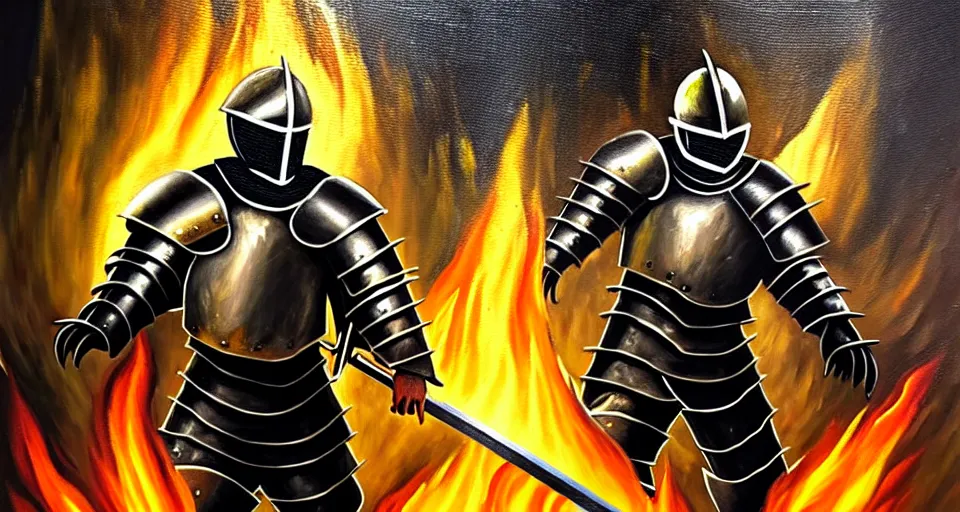 Image similar to An oil painting of a knight in dark metal armor wielding a flaming sword