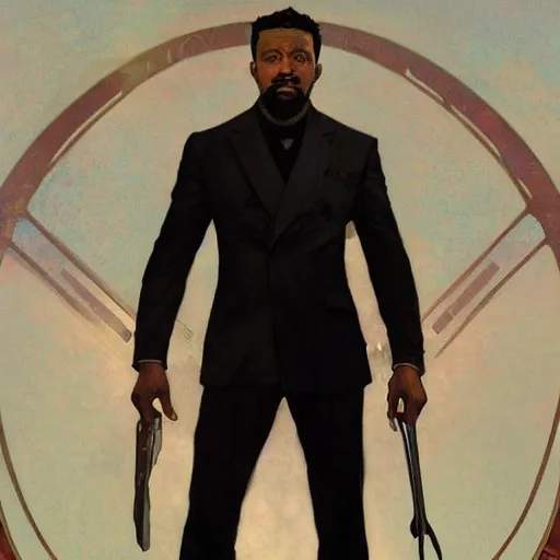 Image similar to Gavin McInnes wearing a suit in the Black Panther, sigma male, portrait art by alphonse mucha and greg rutkowski, highly detailed, digital painting, concept art, illustration, dim lighting with twilight rays of sunlight, trending on artstation, very detailed, smooth, sharp focus, octane render