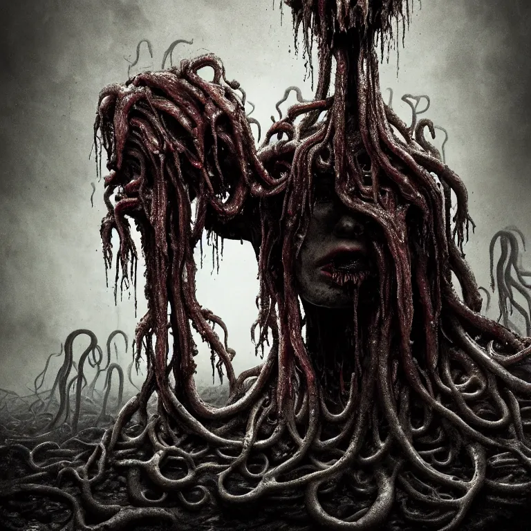 Prompt: ribbed abandoned melting surreal dripping face portrait, covered with tentacles, spines, roots and organic rotten flesh meat, baroque painting, standing in a desolate empty wasteland, creepy, nightmare, dream-like heavy atmosphere, surreal abandoned buildings, beautiful detailed intricate insanely detailed octane render trending on Artstation, 8K artistic photography, photorealistic, chiaroscuro, Raphael, Caravaggio, Beksinski, Giger