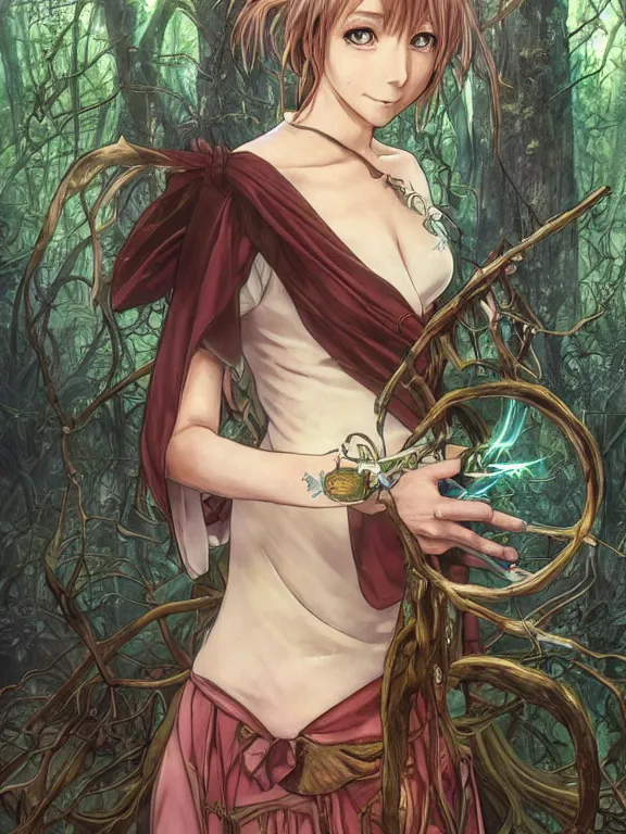 Image similar to anime key visual of writer jk rowling the enchantress with her back to the camera wears harry potter wizard clothes!! intricate, magical forest, stunning, highly detailed, digital painting, artstation, smooth, hard focus, illustration, art by artgerm and greg rutkowski and alphonse mucha