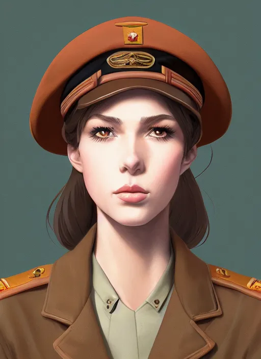 Prompt: symmetrical portrait of young woman with light brown shoulder length hair and hazel eyes dressed in a sharp dark teal military uniform and beret, smiling, ilya kuvshinov, svetlana tigai, greg rutkowski, anime, digital painting, concept art