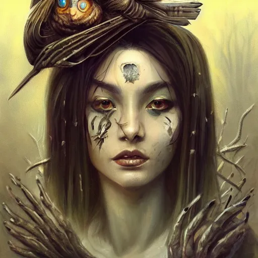 Prompt: a beatiful painting of portrait, A witch with an owl madk, cyberpunk, by Mizuri AU and Soufiane Idrassi and BONDARTS and Tomasz Alen Kopera and Klaus Wittmann and Deathburger and Daniel Romanovsky and Aku, trending on artstation