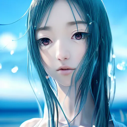Image similar to advanced digital art, a very beautiful realistic anime girl wearing a dress made of water standing in a crystal lake , full body, very long black hair, azure blue watery eyes, full round face, seductive stare, cinematic lighting, medium shot, mid-shot, highly detailed, trending on artstation, Unreal Engine 4k, Stanley Artgerm Lau, WLOP, Rossdraws, James Jean, Andrei Riabovitchev, Marc Simonetti, and Sakimichan