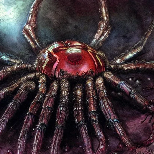 Image similar to a creature from a major horror hollywood movie, giant black widow spider, a picture taken by Michael Komarck and giger, bleeding decaying colors!