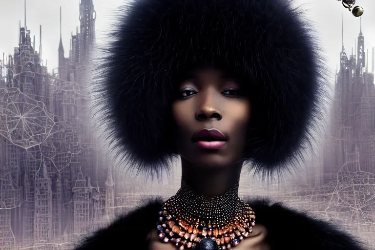 Prompt: realistic detailed photorealistic portrait movie shot of a beautiful black woman in a fur coat with a giant spider, dystopian city landscape background by denis villeneuve, amano, yves tanguy, alphonse mucha, ernst haeckel, david lynch, edward robert hughes, roger dean, cyber necklace, rich moody colours, cyber patterns, wide angle