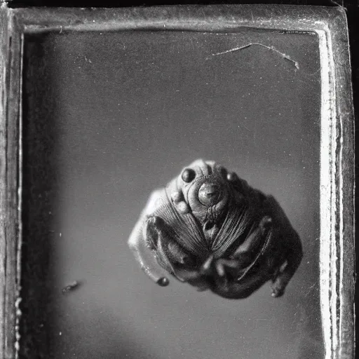 Image similar to tardigrade!!! daguerreotype portrait photograph. inspired by gerard grom and ansel adams. highly detailed. old timey.