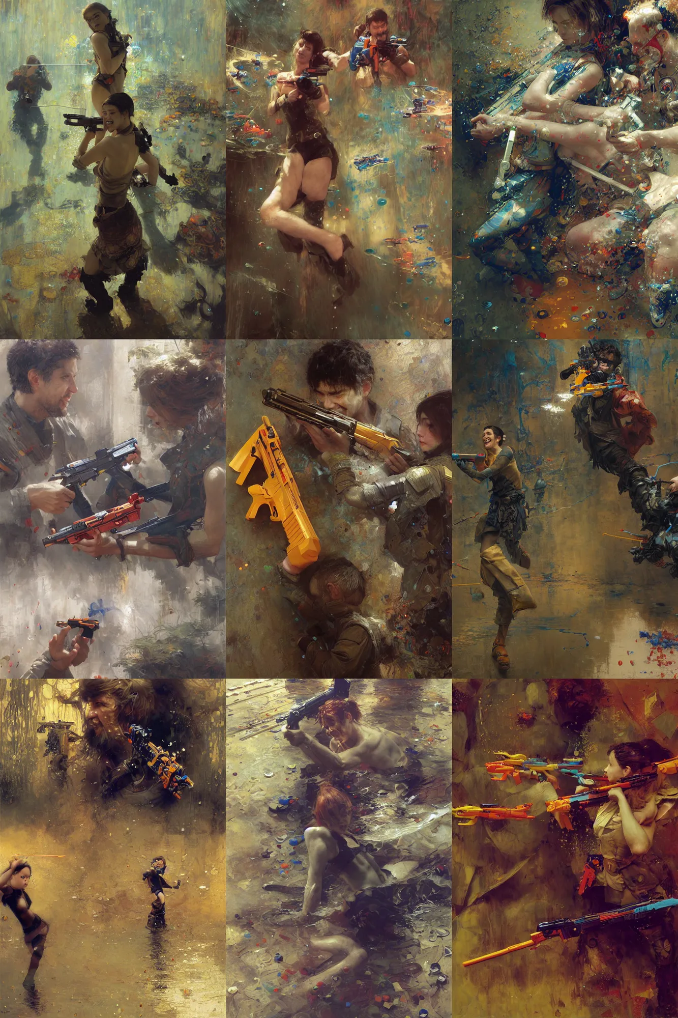 Prompt: laughing and playing with nerf water guns by waterhouse, craig mullins, ruan jia, gustave klimt