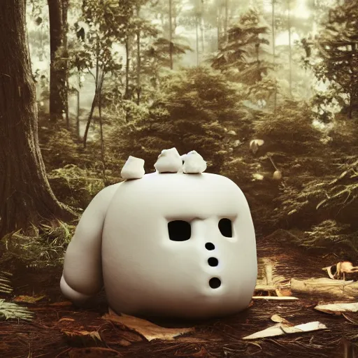 Prompt: A marshmallow man wearing Japan demon mask sitting sad in the forest alone surrounded by animals, enchanted forest, hyperrealistic, detailed, depth of field, High definition, 8k, depth of field, octane render, artstation