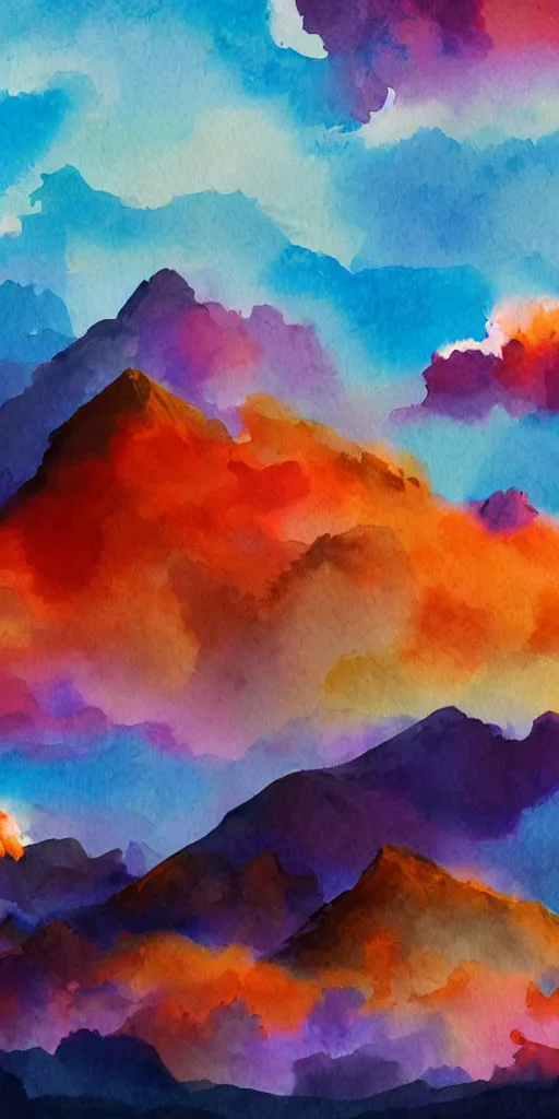 Prompt: high quality digital water color painting of idyllic vivid colorful orange purple red magical storm clouds above a mountain range