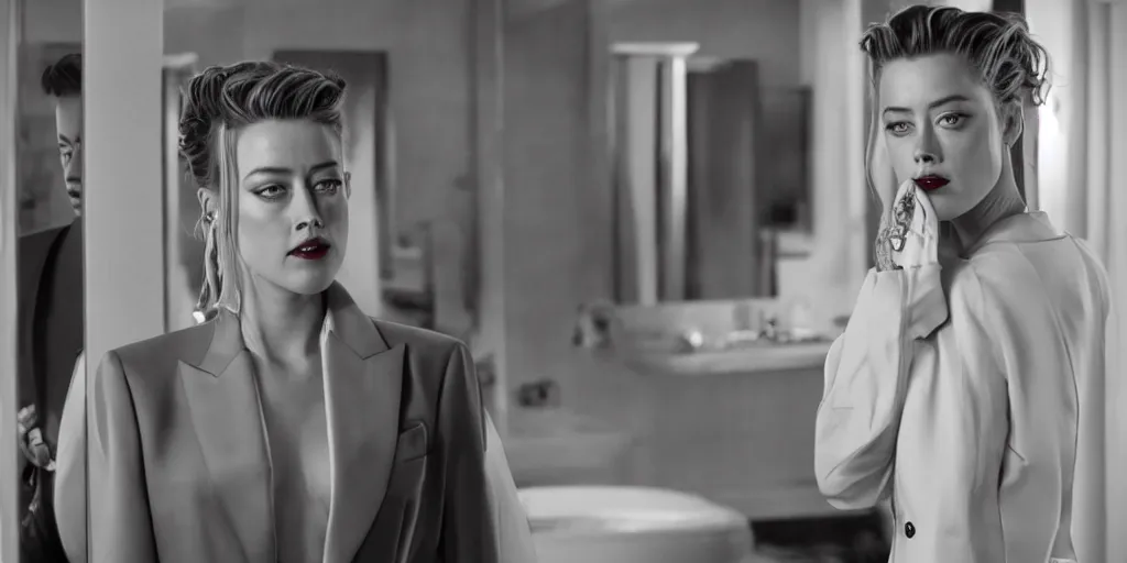 Image similar to ultra wide angle photo of amber heard dressed in a armani wool tuxedo suit and tie, looking at herself in a bathroom mirror and seeing her reflection as johnny depp