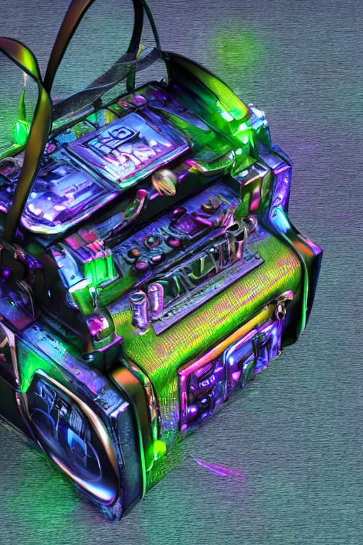 Image similar to photo of a luxury handbag, band merchandise, bandname is tripmachine, tourname is invasion of the tripmachines, realistic digital art, hanbag is textured with a 3 d render of a huge futuristic steampunk generator, 8 k, fluorescent colors, halluzinogenic, multicolored, exaggerated detailed, unreal engine