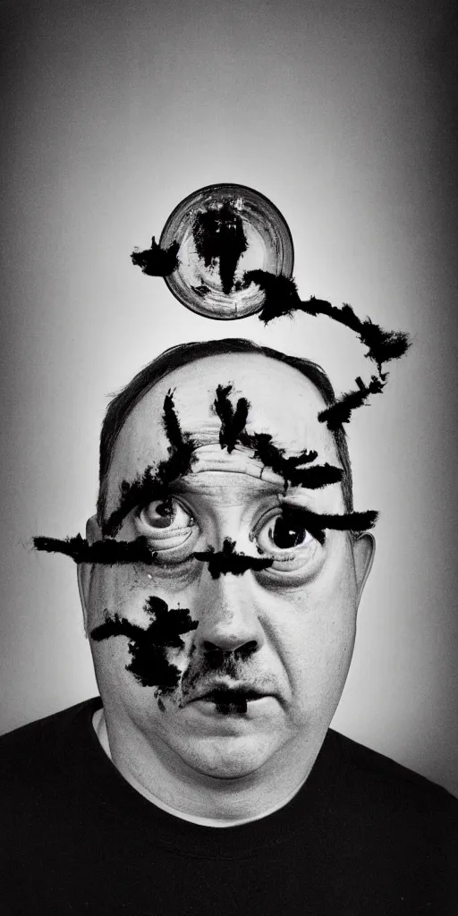 Image similar to award winning photo of todd solondz mixed with hitler, vivid colors, happy, symmetrical face, beautiful eyes, studio lighting, wide shot art by roger ballen & francis bacon