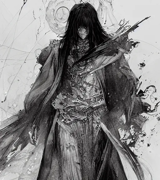 Prompt: portrait of a sinister anime man with long hair wearing a dark robe, pen and ink, intricate line drawings, by craig mullins, ruan jia, kentaro miura, greg rutkowski, loundraw