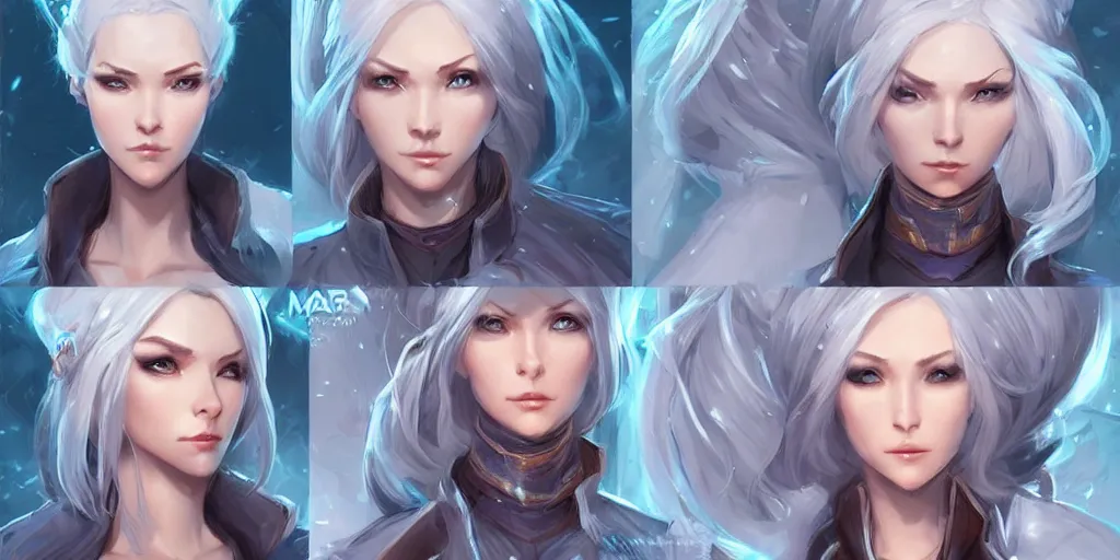 Prompt: concept art of an icy russian female netrunner d & d video game characters head designs, unique hair designs, by marc brunet and artgerm