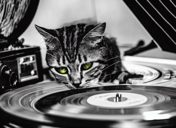 Image similar to photography of a Cat sitting on a record player. in a room full of vinyls and posters out of the 70's, photorealistic, raining award winning photo, 100mm, sharp, high res