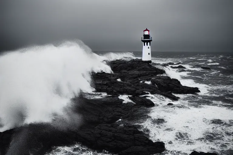 Image similar to film still of a lighthouse at bad weather with heavy waves, photography, natural light, cinematic, 8 k