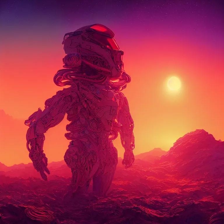 Prompt: a colorful sunset on an alien world, burning halo, intricate artwork by Tooth Wu and wlop and beeple, greg rutkowski, very coherent symmetrical artwork, cinematic, hyper realism, high detail, octane render, unreal engine, 8k, Vibrant colors, Smooth gradients, High contrast, depth of field by Jacek Yerka, Mariusz Lewandowski, Houdini algorithmic generative render, Abstract brush strokes, Masterpiece, Edward Hopper and James Gilleard, Zdzislaw Beksinski, Mark Ryden, Wolfgang Lettl, hints of Yayoi Kasuma, octane render, 8k