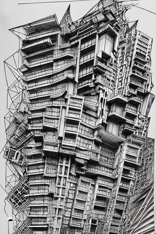 Image similar to a black and white drawing of a building, a detailed mixed media collage by hiroki tsukuda and eduardo paolozzi, intricate linework, sketchbook drawing, street art, polycount, deconstructivism, matte drawing, academic art, constructivism