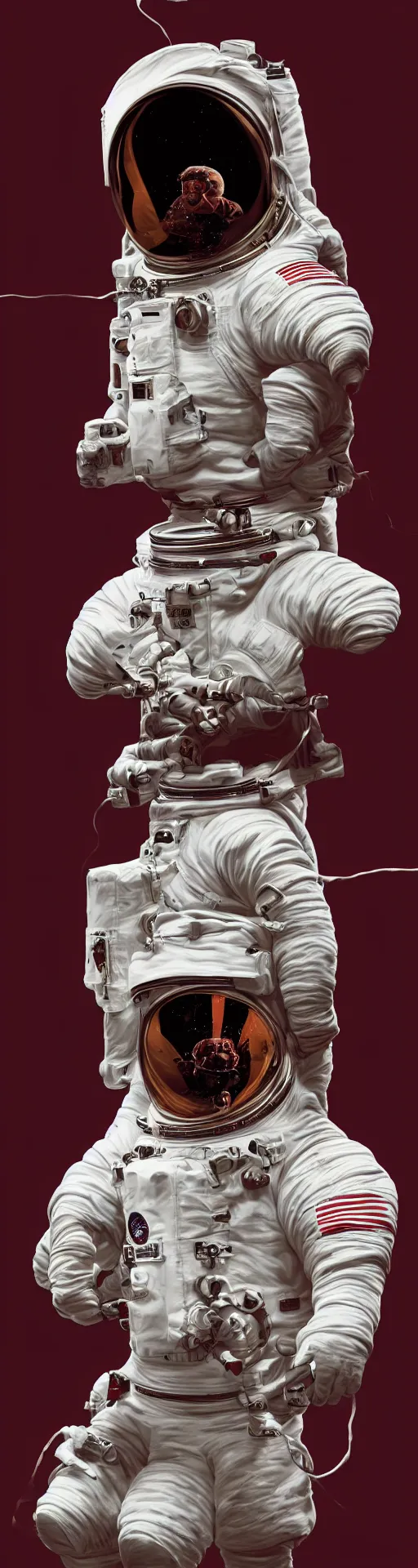 Prompt: a detailed bust of an astronaut art by caravaggio, dynamic lighting, gradient dark red, cream and white color scheme, cinematic, epic composition, hd, digital painting, digital art, concept art, illustration, comic art, stylized, masterpiece, award - winning