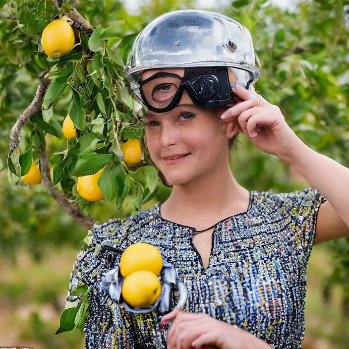 Image similar to a closeup portrait of a woman in a scuba helmet, wearing a dress made of beads, picking lemons in an orchard, color photograph, by vincent desiderio, canon eos c 3 0 0, ƒ 1. 8, 3 5 mm, 8 k, medium - format print