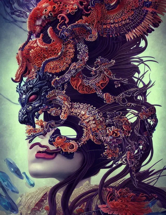 Image similar to 3 d goddess of hell close - up profile portrait with ram skull. beautiful intricately detailed japanese crow kitsune mask and clasical japanese kimono. betta fish, jellyfish phoenix, bio luminescent, plasma, ice, water, wind, creature, artwork by tooth wu and wlop and beeple and greg rutkowski