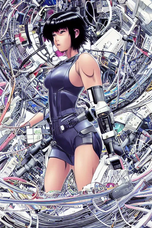 Image similar to coherent motoko kusanagi kneeling on a white in style of masamune shirow, empty floor, with a mess of wires and cables coming out of her head and backside, by Yukito Kishiro and katsuhiro otomo, illustration, cyberpunk, hyper-detailed, colorful, complex, intricate, masterpiece, epic