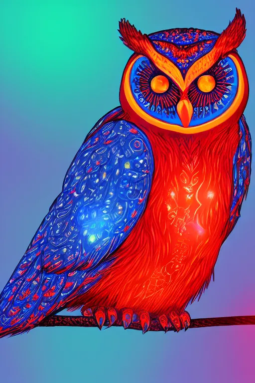 Image similar to glowing owl, white, red and blue colours, highly detailed, digital art, sharp focus, trending on art station