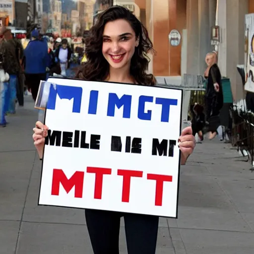 Image similar to Gal Gadot holding a sign that says M I T C H I E P O O !!!! as painted by Ralph Horsley