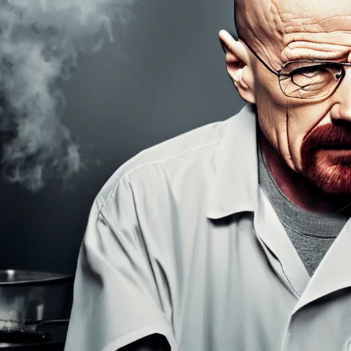 Image similar to walter white from breaking bad cooking spaghetti, 4 k, realistic, full body, full image, studio portrait