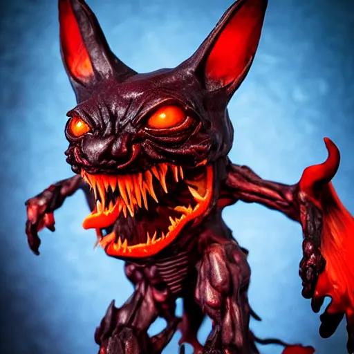 Image similar to detailed full body of scary giant mutant dark blue humanoid pygmy-bat, glowing red eyes, sharp teeth, acid leaking from mouth, realistic, giant, bat ears, bat nose, furred, covered in soft fur, detailed, 85mm f/1.4