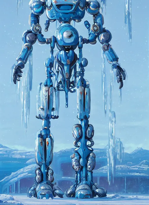 Prompt: an intricate oil painting of a giant pristine icey blue metal anime humanoid mecha with rounded components by simon stalenhag, icey tundra background