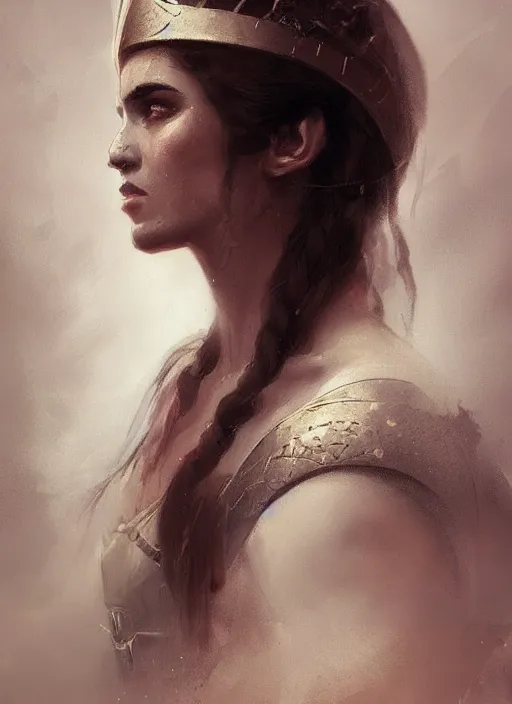 Image similar to A portrait of a beautiful greek warrior queen in the style of Greg Rutkowski, in style of Charles Sillem Lidderdale, artstation, high quality art