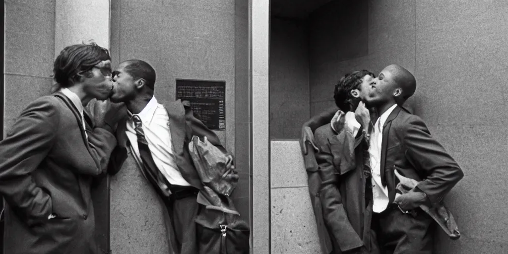 Image similar to two men kissing in the entrance to a subway stop in manhattan at the time of the stonewall riots. new york city, usa. 1 9 6 9 - 1 9 7 0. ernest cole photography