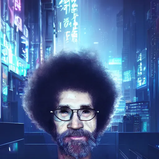 Image similar to disgusting portrait of a bob ross, art by wlop and artgerm and liam wong, cyberpunk, neon, intricate details, trending on artstation, sharp focus, caustics, octane render, radiant light, 4 k