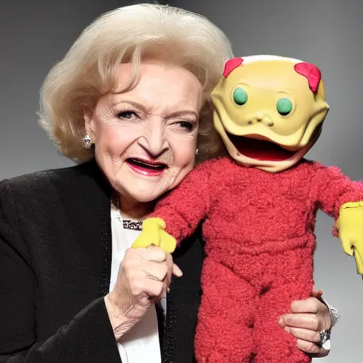 Prompt: betty white hanging out with a terrifying grotesque monster