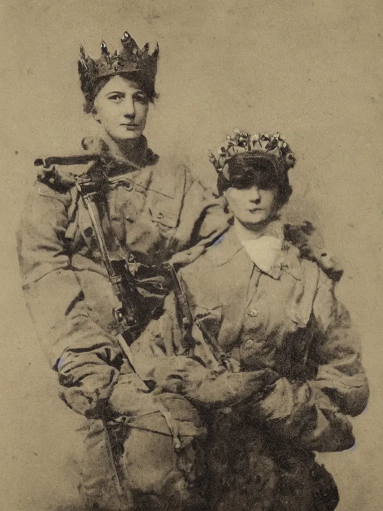 Image similar to portrait of a lonely female soldier floating in the air, wearing a crown, by george henry harlow