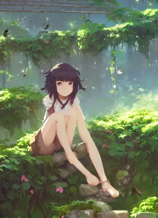 Image similar to girl sitting on a stone stair under a vine rack, many green plant and flower gowing on it, illustration concept art anime key visual trending pixiv fanbox by wlop and greg rutkowski and makoto shinkai and studio ghibli