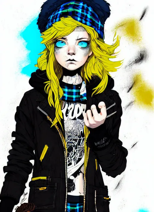 Image similar to highly detailed portrait of a sewer punk lady student, blue eyes, tartan hoody, hat, white hair by atey ghailan, by greg tocchini, by kaethe butcher, by alex horley, gradient yellow, black, brown and cyan color scheme, grunge aesthetic!!! ( ( graffiti tag wall flat colour background ) )