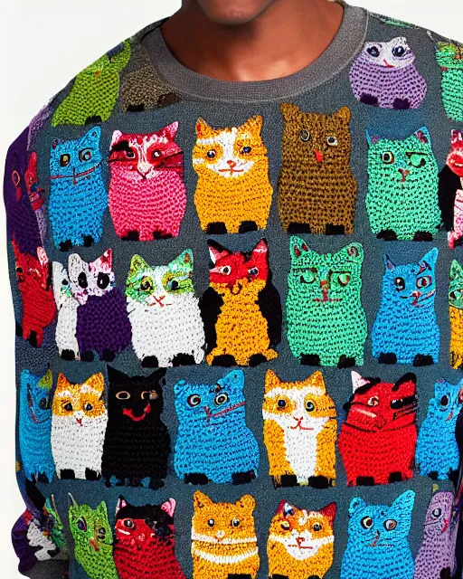 Image similar to a sweatshirt with multicolored crocheted cats on the front, catalogue photo,