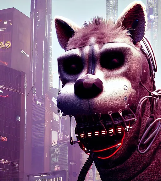 Image similar to new york city portrait icon of furry anthro anthropomorphic spotted hyena head animal person fursona wearing clothes strange cybernetic metal muzzle gloomy rainy screenshot from the video game cyberpunk 2077 digital art by Greg Rutkowski, Simon Stalenhag, christopher nolan trending on Artstation, CGSociety, Bladerunner 2049