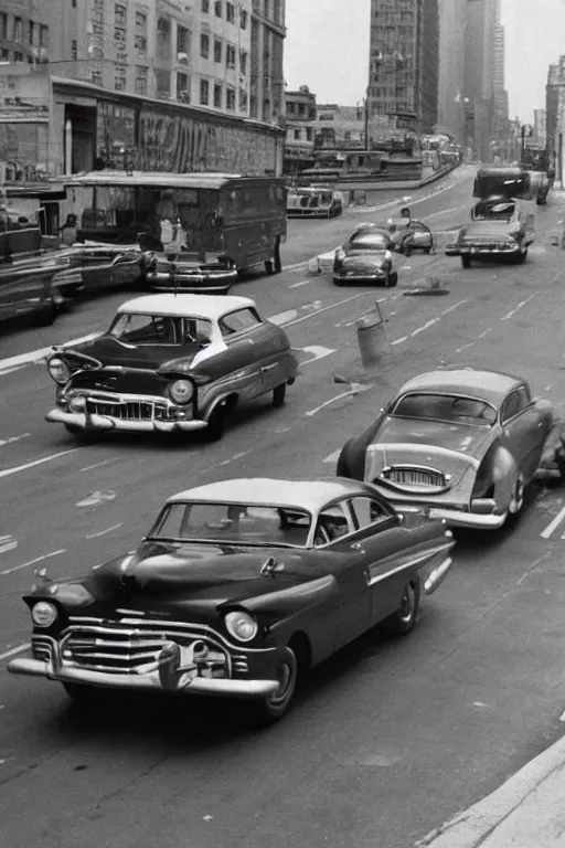 Image similar to a car chase in new york in the 5 0 s