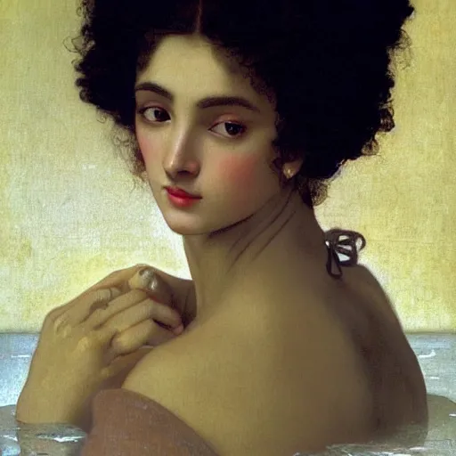 Image similar to oil painting of a portrait of a Queen dark curly hair, fair skin, by Bouguereau, by Patrick Nagel, by Georgia O Keeffe, by Gustave Moreau, art deco, matte drawing, storybook illustration, tonalism, realism