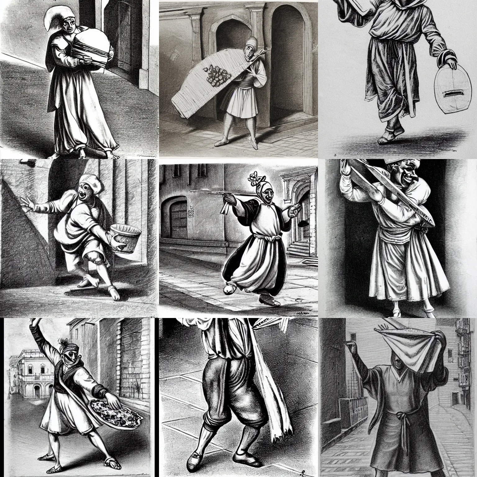 Prompt: pulcinella dancing ecstatically through the empty street of naples, holding a large pizza!!!, extremely detailed pencil sketch by silvio fiorillo, from commedia dell'arte